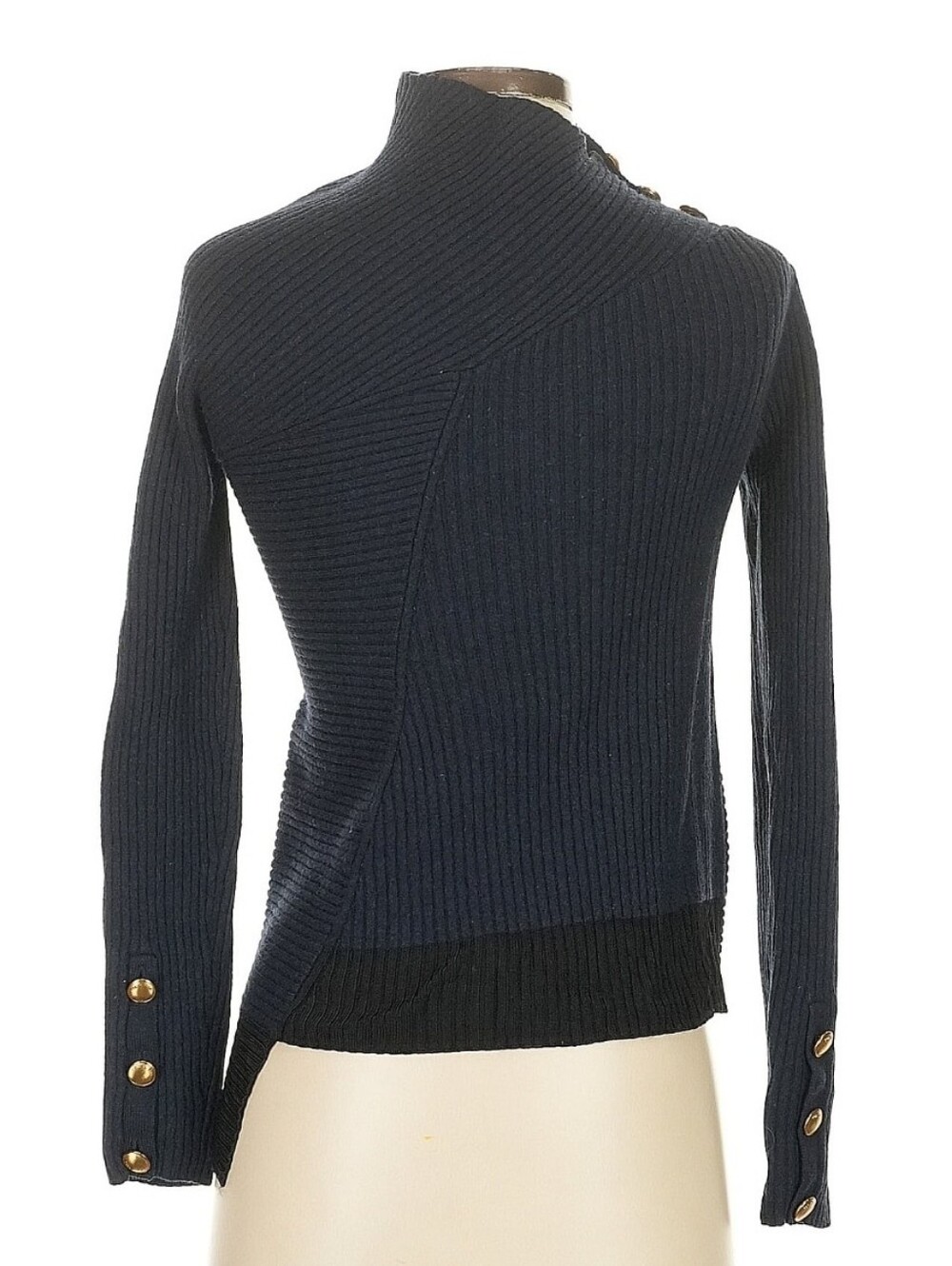 rag & bone Navy Wool Asymmetrical Sweater with Gold Buttons